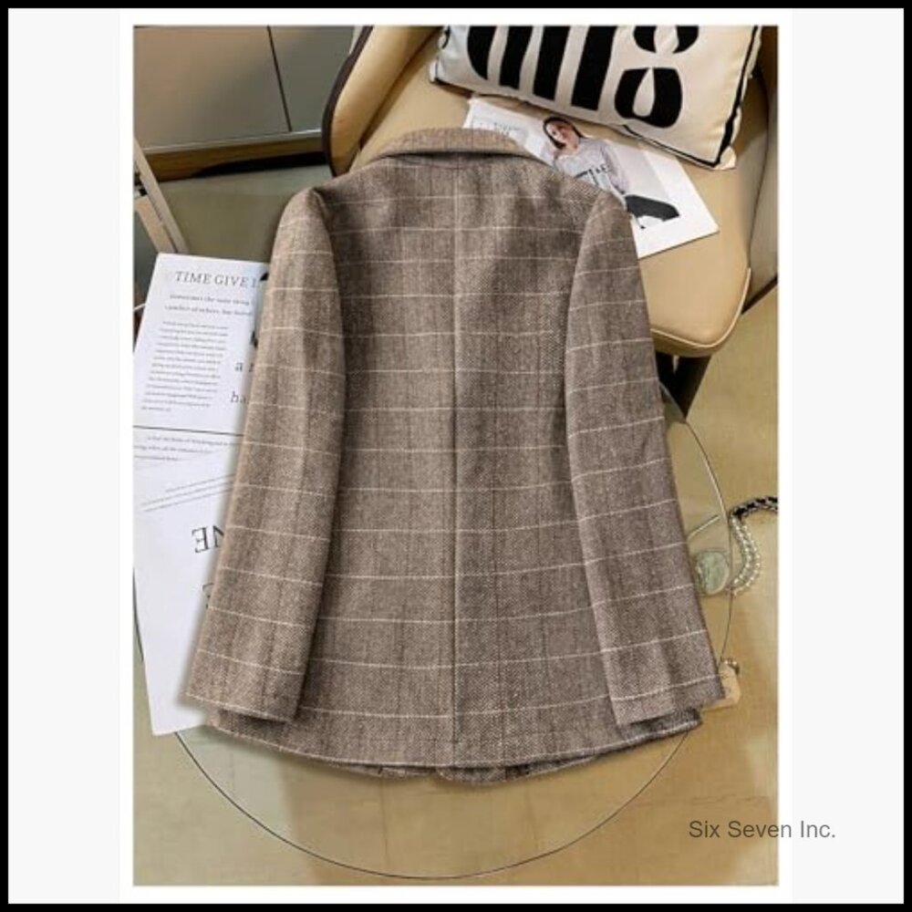 Polyester Blend Plaid Blazer Jacket Double-Breast… - image 2
